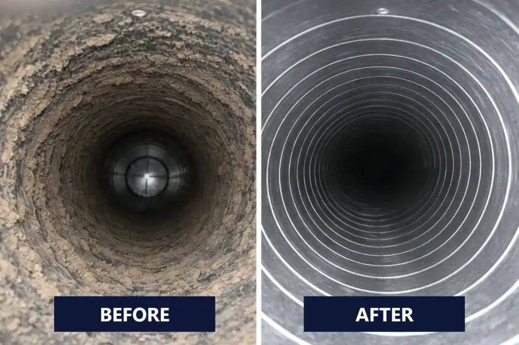Before: Dust and debris buildup inside residential air duct system before cleaning After: Clean air duct interior after professional duct cleaning service