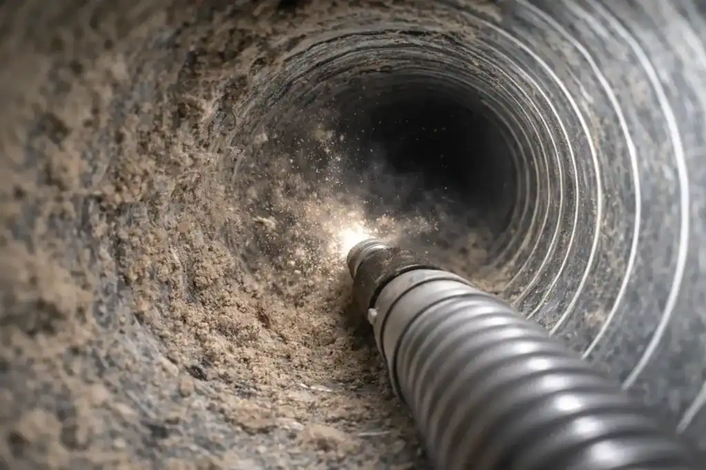 High-powered duct cleaning equipment removing debris from HVAC system in Alexandria home