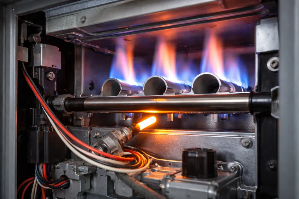 Gas furnace operating with visible blue burner flames and internal wiring components