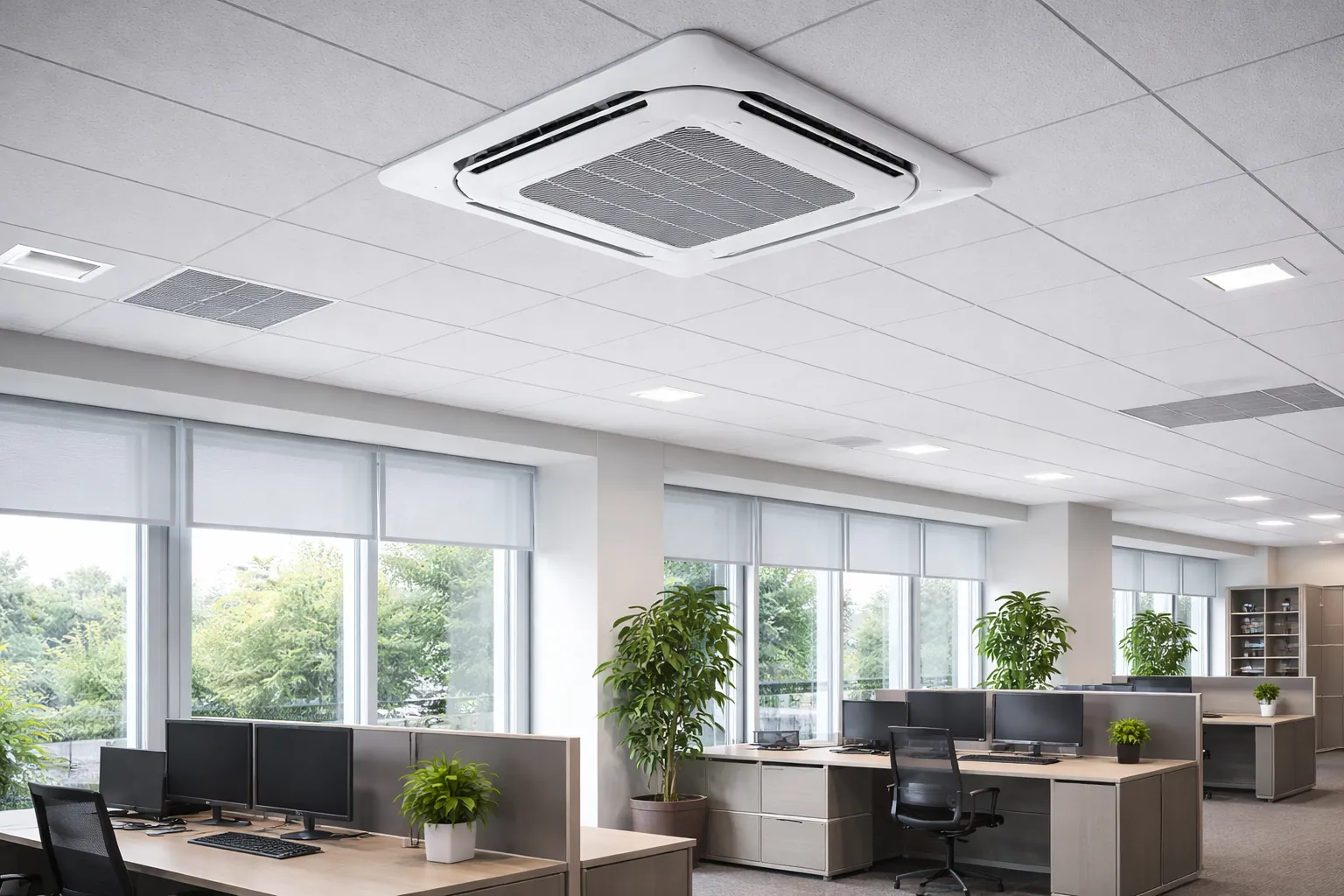 Ceiling cassette commercial HVAC unit installed in modern office space