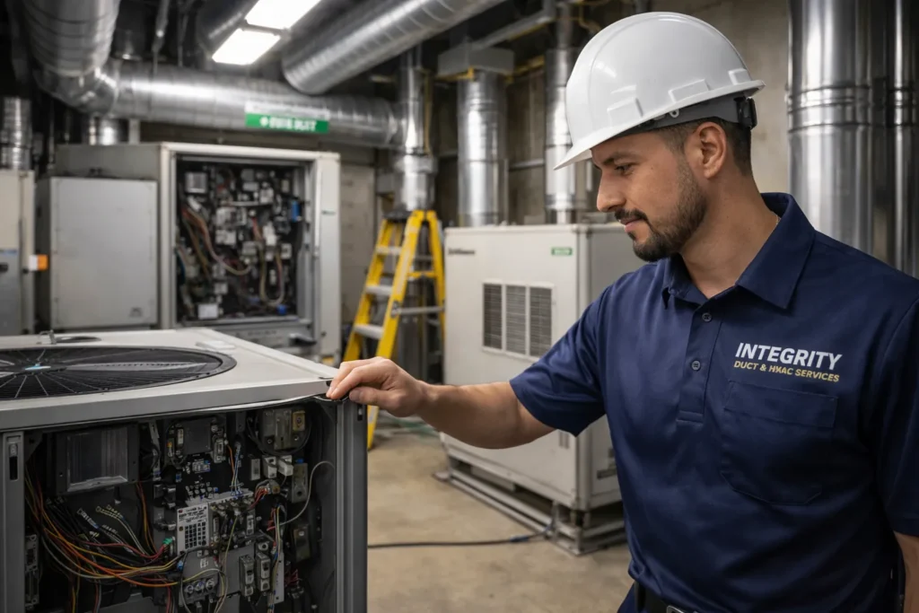 Commercial HVAC technician inspecting rooftop unit components in industrial facility