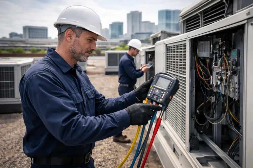 Integrity HVAC technician servicing commercial rooftop units in Arlington VA