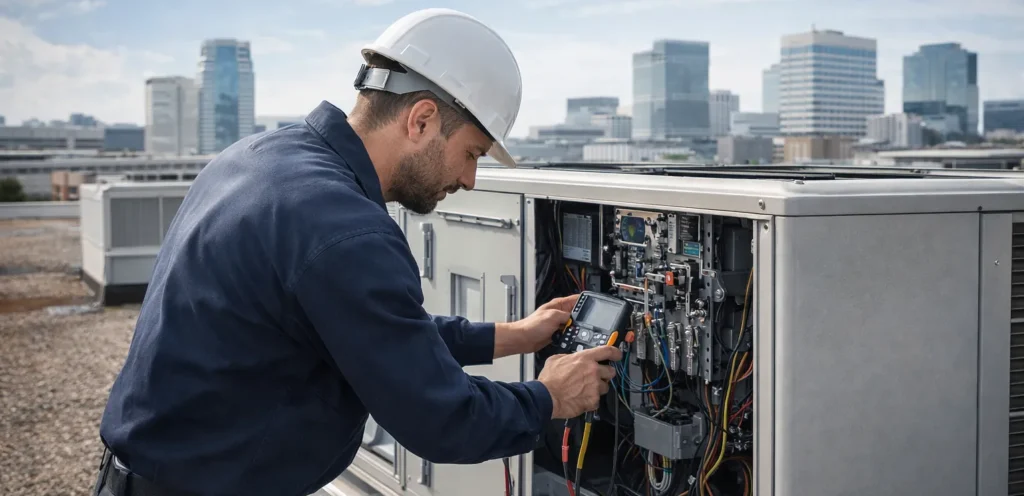 Integrity HVAC technician servicing commercial rooftop unit in Washington DC