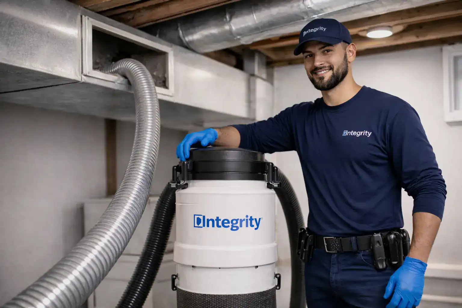HVAC technician cleaning air duct vent to improve indoor air quality in Alexandria, Virginia