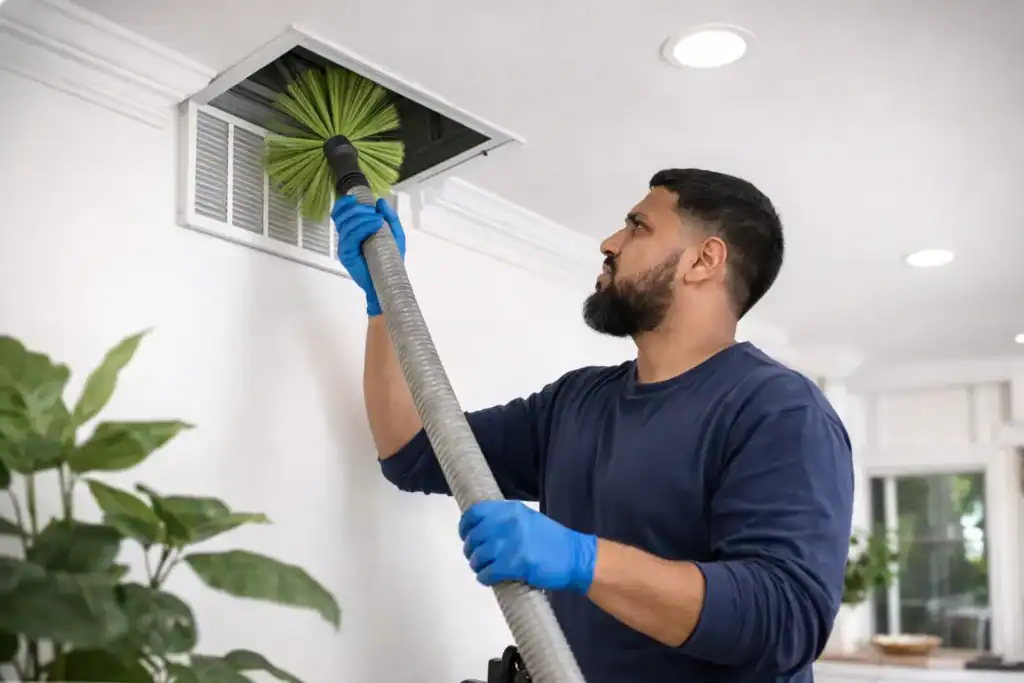 Technician removing and cleaning air vent cover during duct cleaning service