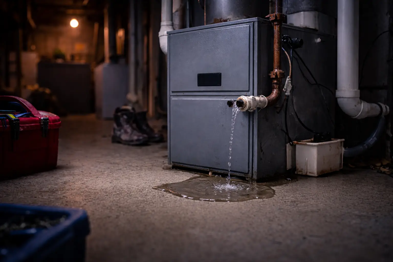 Basement furnace leaking water onto the floor during an emergency HVAC service situation in Alexandria VA.