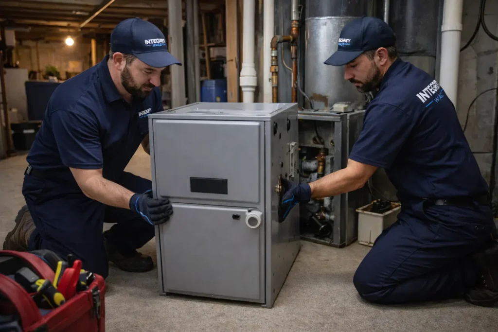 Two HVAC technicians performing emergency furnace repair in a residential basement in Alexandria VA.