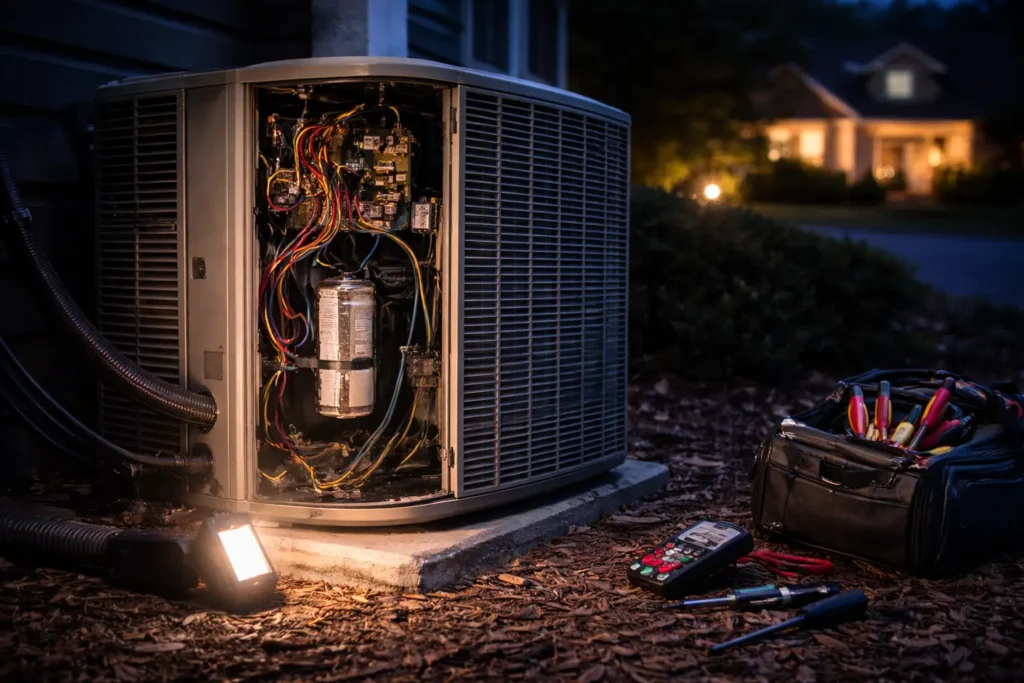 Outdoor HVAC unit being serviced at night during an emergency repair call in Alexandria VA.
