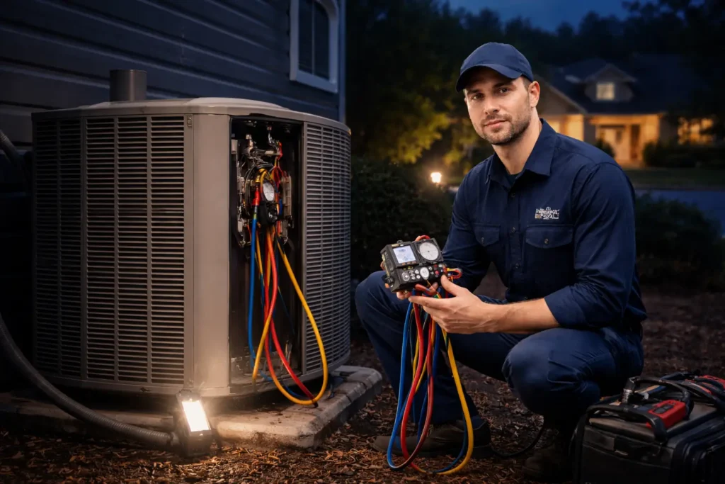 HVAC technician performing emergency heat pump repair outside a home at night in Alexandria VA.
