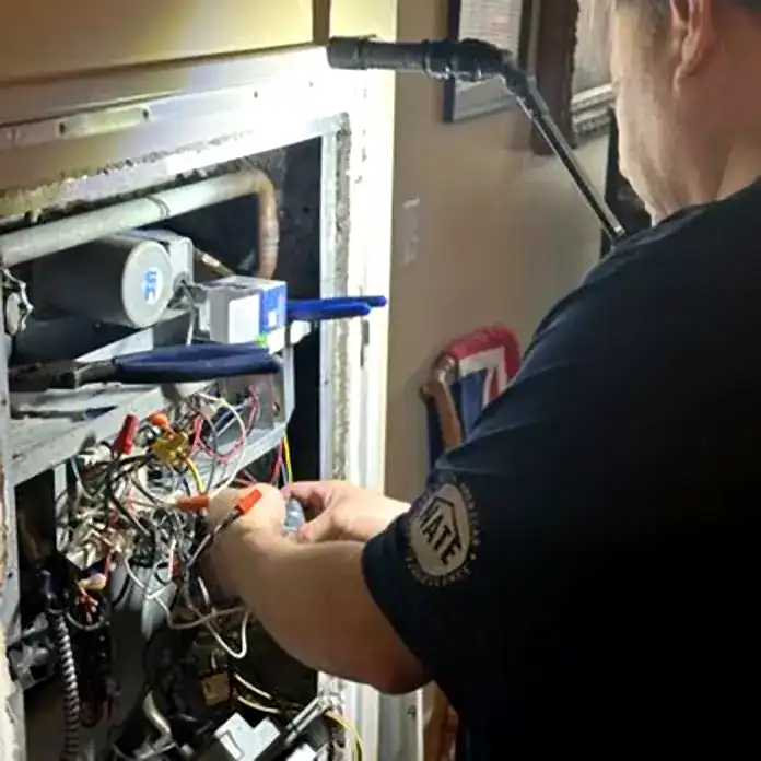 HVAC Maintenance Alexandria VA | HVAC technician wearing headlamp repairing wiring on furnace control board