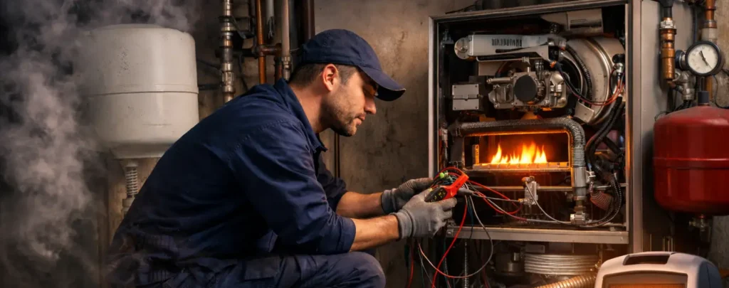 HVAC technician repairing gas furnace with burner flames visible during operation