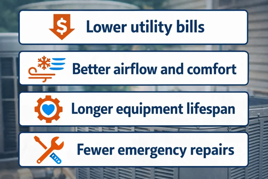 Infographic showing benefits of HVAC maintenance in Alexandria VA including lower utility bills, better airflow, longer equipment lifespan, and fewer emergency repairs