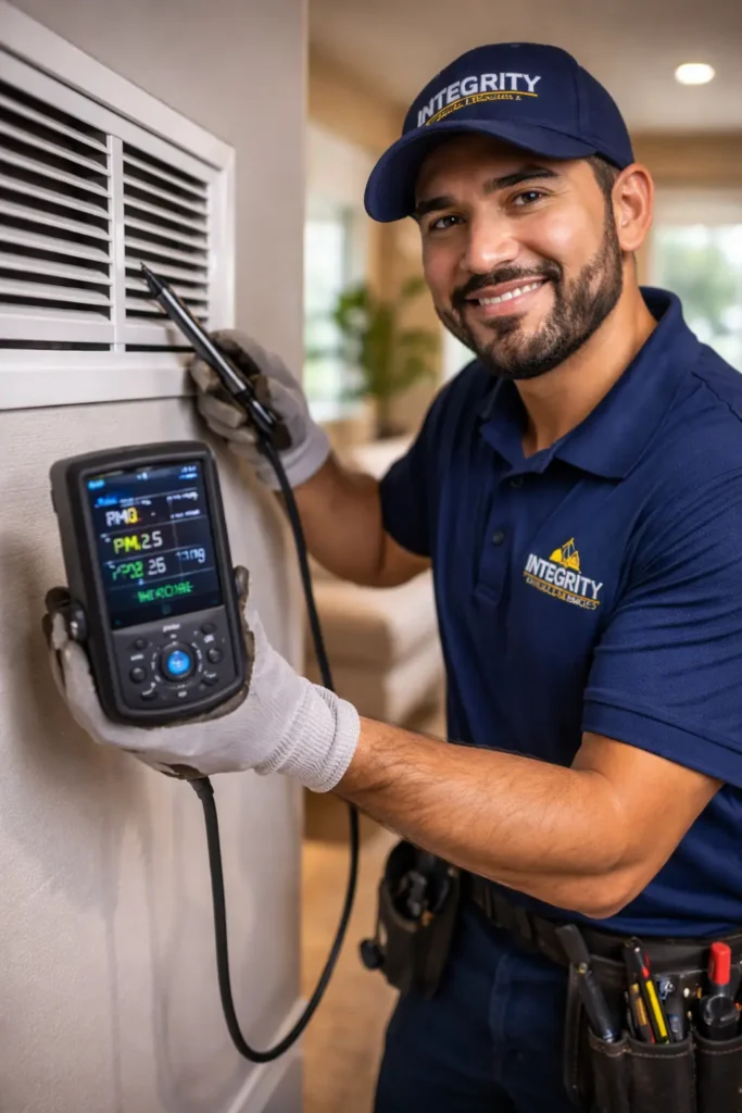 HVAC technician testing indoor air quality near air vent using portable air sampling device