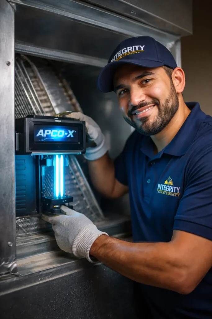 HVAC technician installing APCO X air purification system near evaporator coil for improved indoor air quality