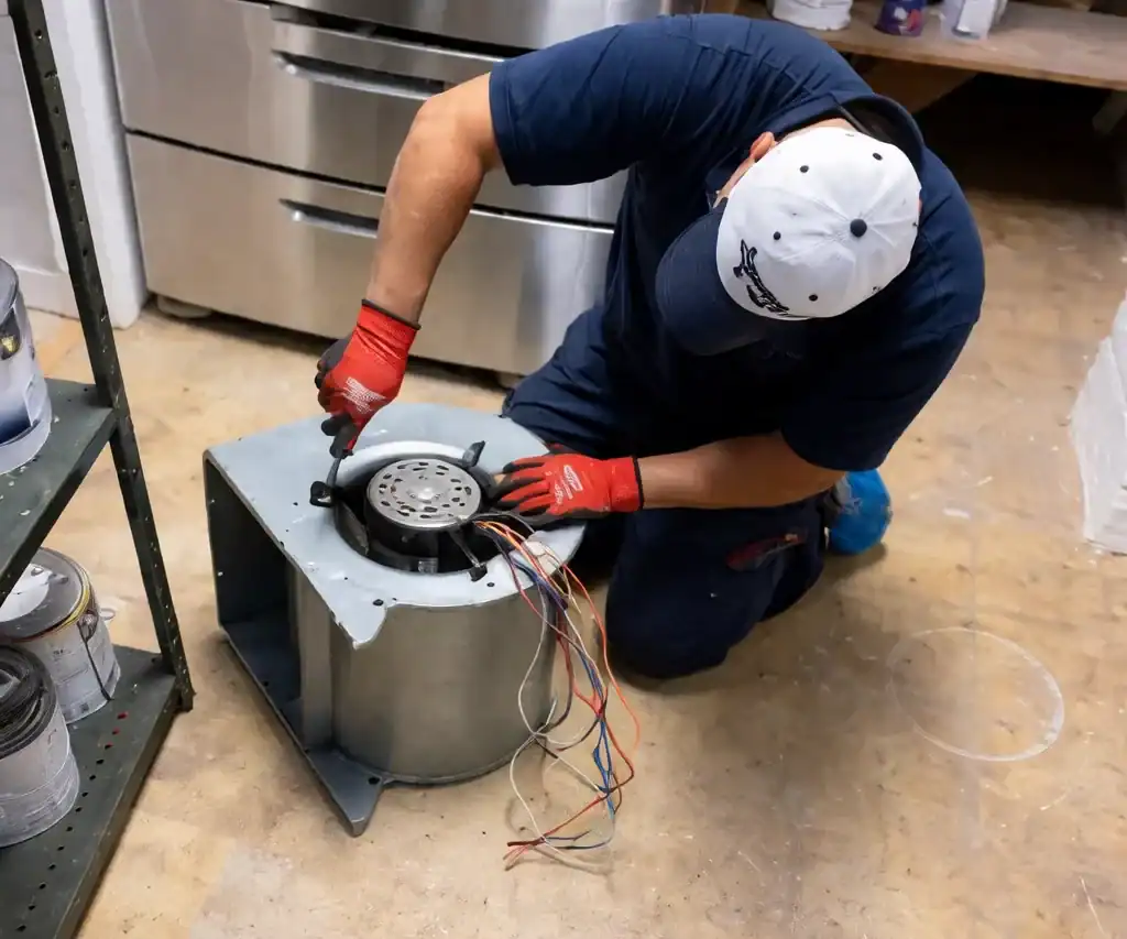HVAC technician replacing damaged blower motor in furnace air handler