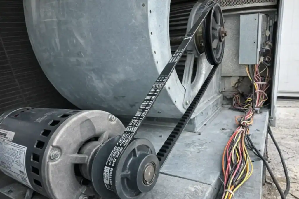 Close-up of HVAC blower motor components with drive belt assembly