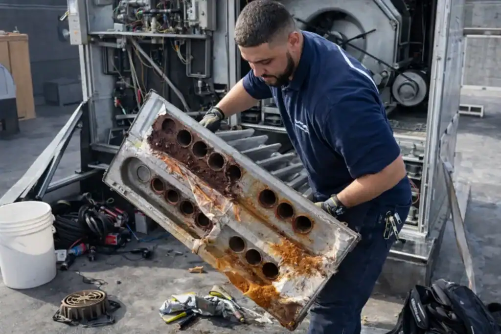 HVAC technician removing rusted furnace components for replacement and disposal