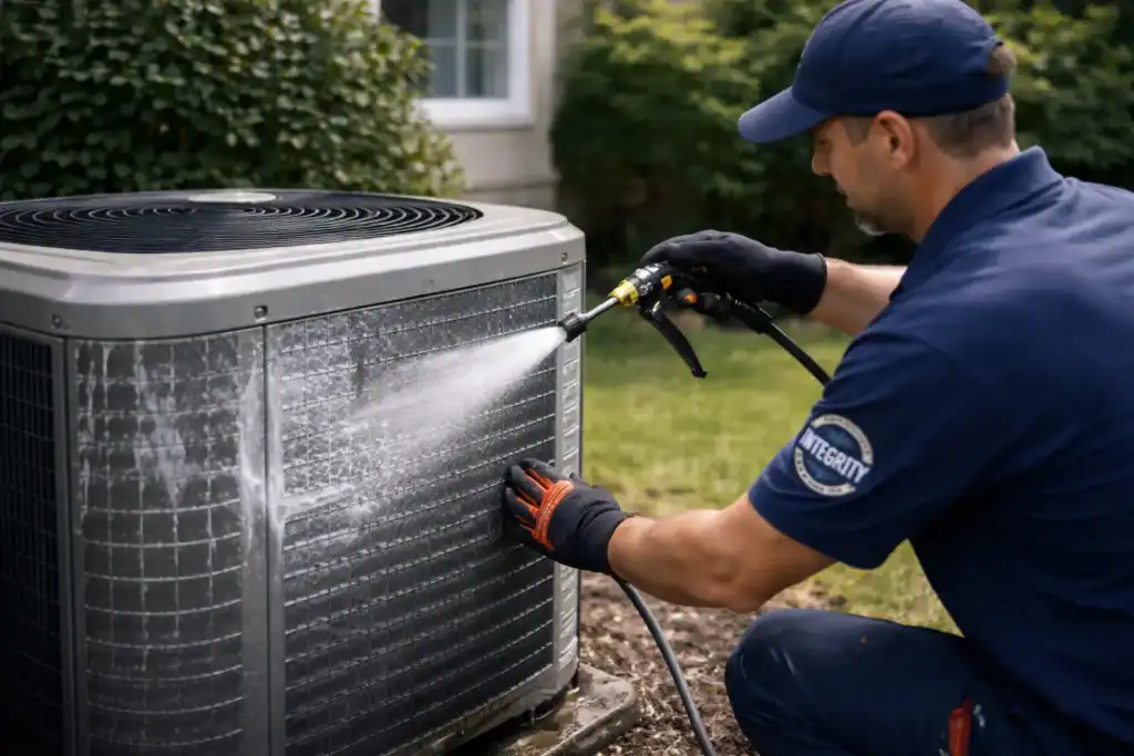 HVAC technician cleaning heat pump exterior coil fins with garden hose