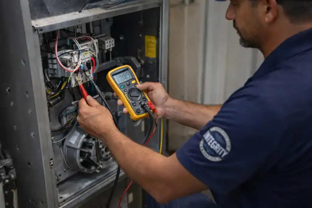 HVAC technician using voltmeter to test furnace control board during diagnostic service