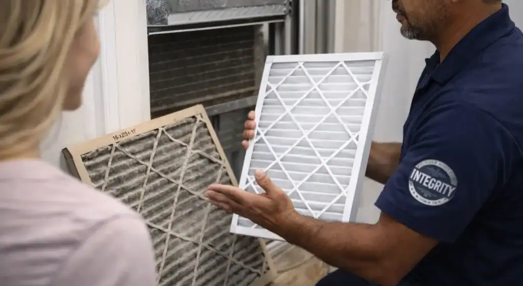 HVAC technician replacing air filter and explaining maintenance to homeowner