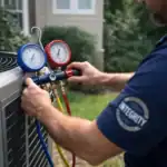 HVAC technician checking heat pump refrigerant pressure with manifold gauge set