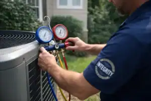 HVAC technician checking heat pump refrigerant pressure with manifold gauge set