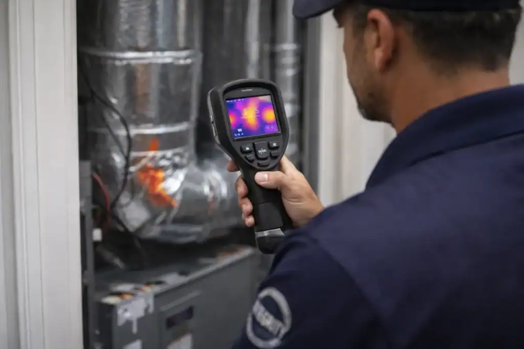 HVAC technician using handheld thermal imaging camera to inspect ductwork
