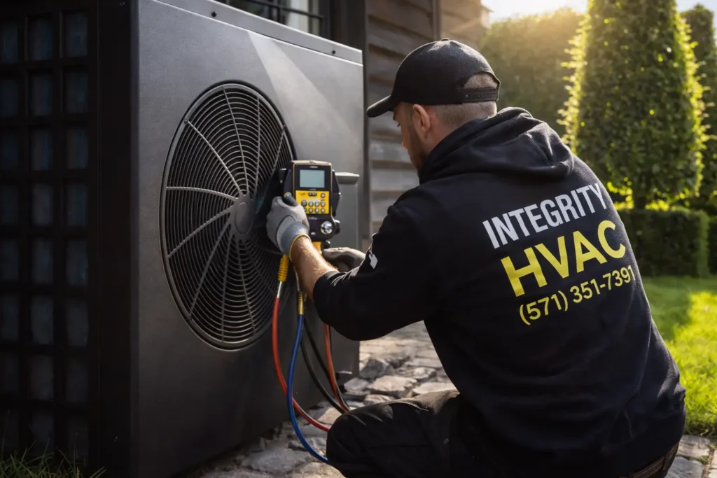 HVAC technician testing outdoor mini split wiring with digital multimeter