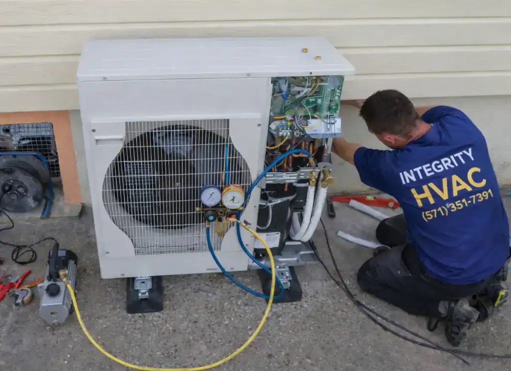 HVAC Installation Alexandria VA | HVAC technician repairing outdoor mini split condenser unit