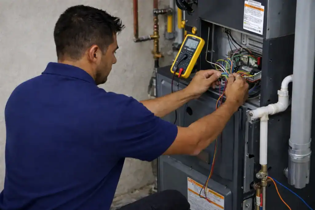Technician testing voltage at indoor furnace wiring using digital voltmeter