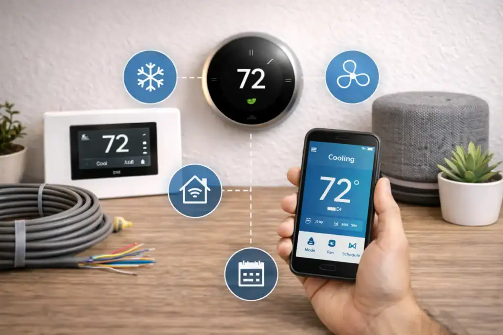Smart thermostat equipment and phone app controlling home temperature