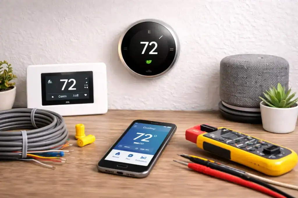 Smart thermostat and mobile phone with HVAC control app sitting on table before installation in Alexandria VA home