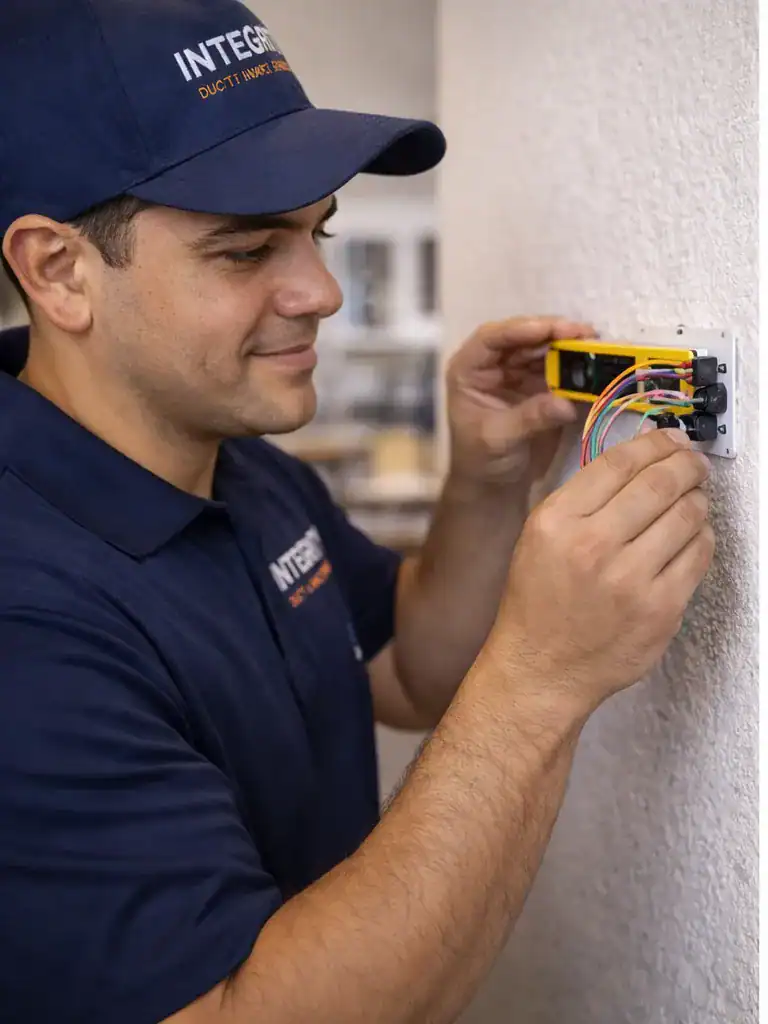 thermostat repair alexandria va technician troubleshooting wiring behind thermostat