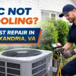 HVAC technician repairing outdoor air conditioner unit for AC not cooling in Alexandria VA