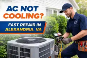 HVAC technician repairing outdoor air conditioner unit for AC not cooling in Alexandria VA