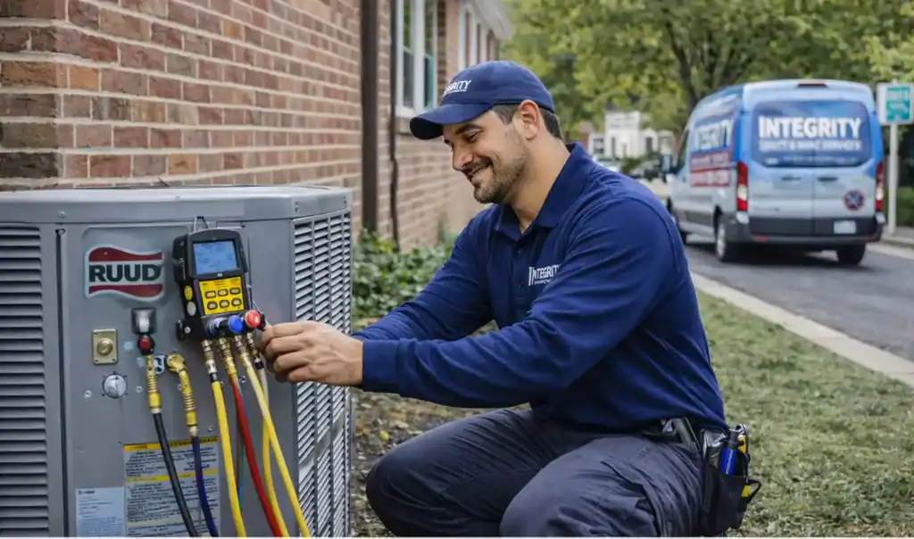 AC Repair Del Ray Alexandria VA | HVAC technician servicing RUUD air conditioning unit at a home in Del Ray Alexandria VA