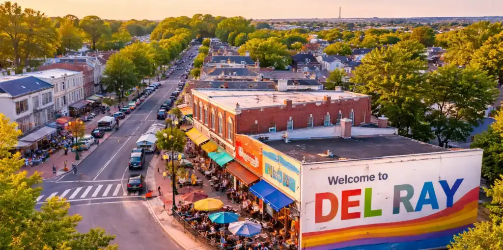 Aerial view of Del Ray Alexandria VA neighborhood along Mount Vernon Avenue with local shops and homes