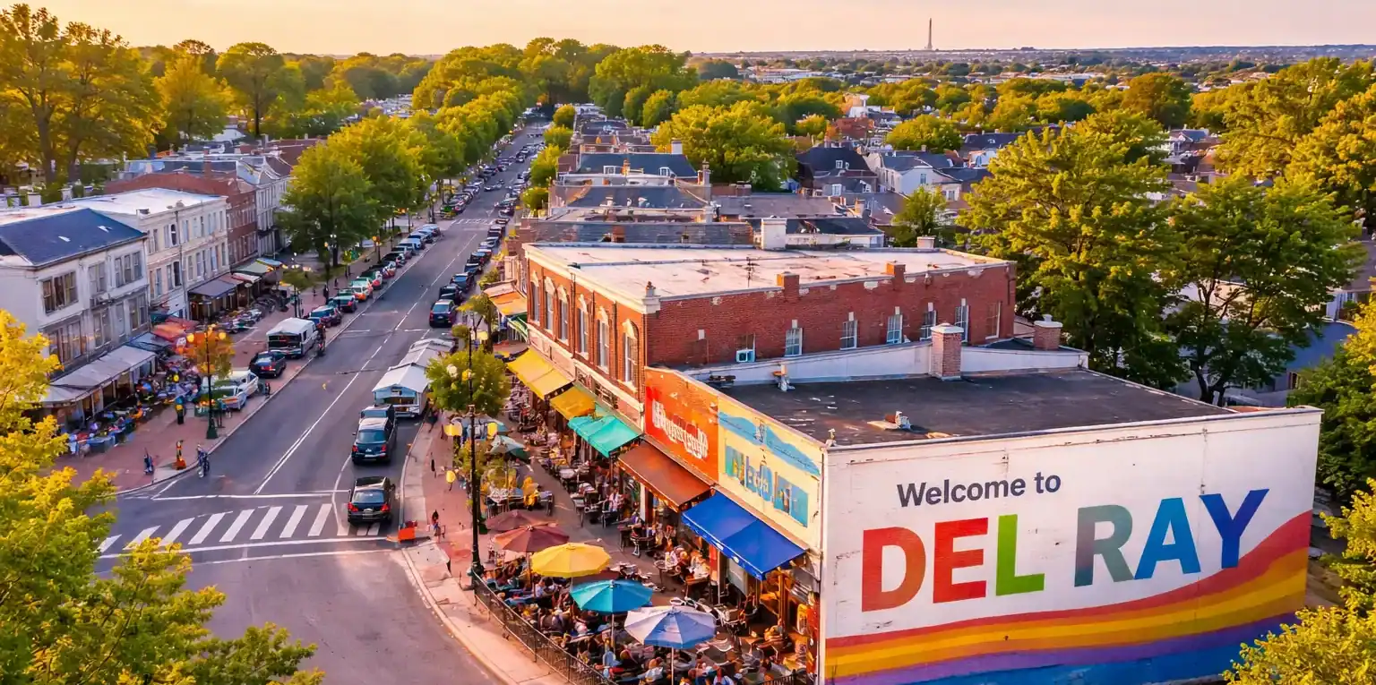 Aerial view of Del Ray Alexandria VA neighborhood along Mount Vernon Avenue with local shops and homes