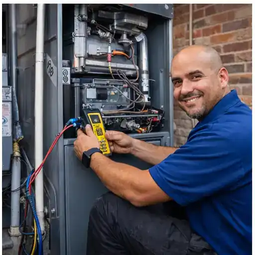 Heating Repair Del Ray Alexandria VA | HVAC technician diagnosing residential furnace system in Del Ray Alexandria VA