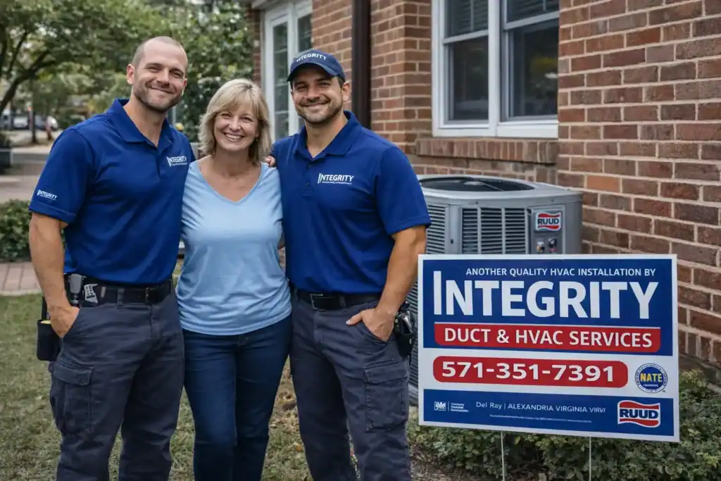 Integrity Duct & HVAC Services technicians with homeowner after HVAC installation in Del Ray Alexandria VA