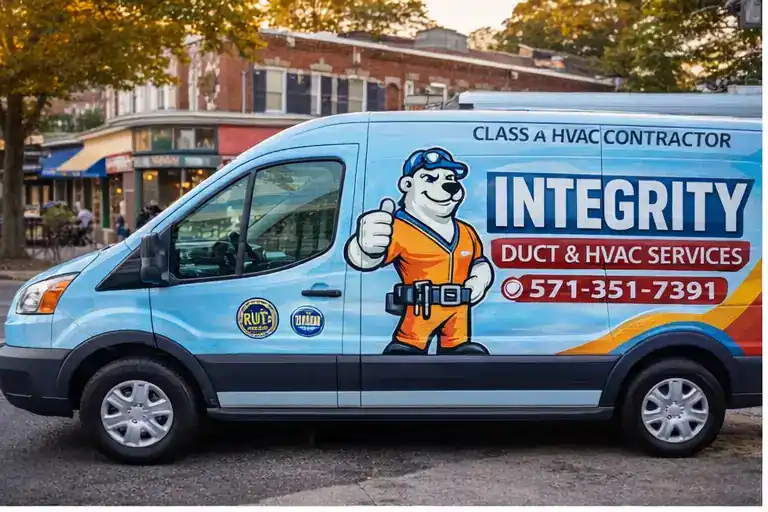 HVAC Del Ray Alexandria VA | Integrity Duct & HVAC Services van with polar bear mascot parked in Del Ray Alexandria VA near Mount Vernon Avenue