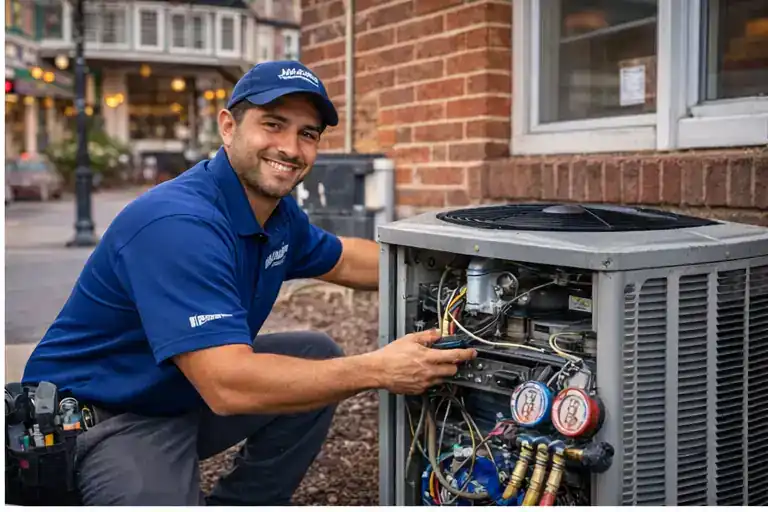 HVAC technician repairing outdoor air conditioning unit at home in Del Ray Alexandria VA
