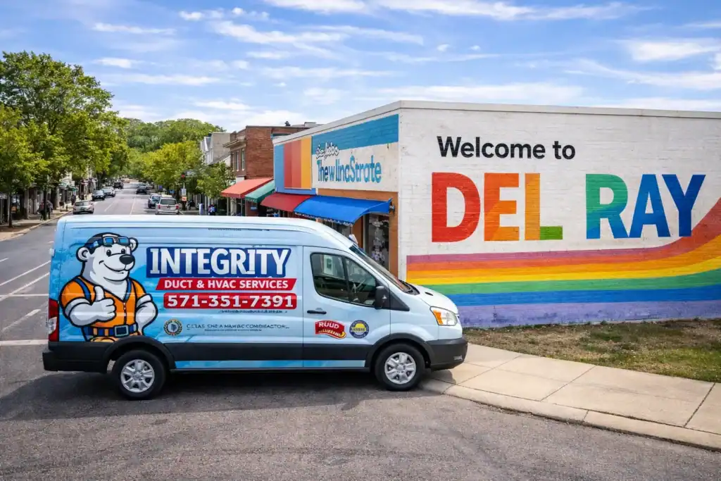Integrity Duct & HVAC Services van parked beside the iconic Del Ray mural on Mount Vernon Avenue in Alexandria Virginia