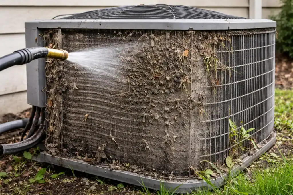 Dirty outdoor condenser coil causing AC not cooling Alexandria VA