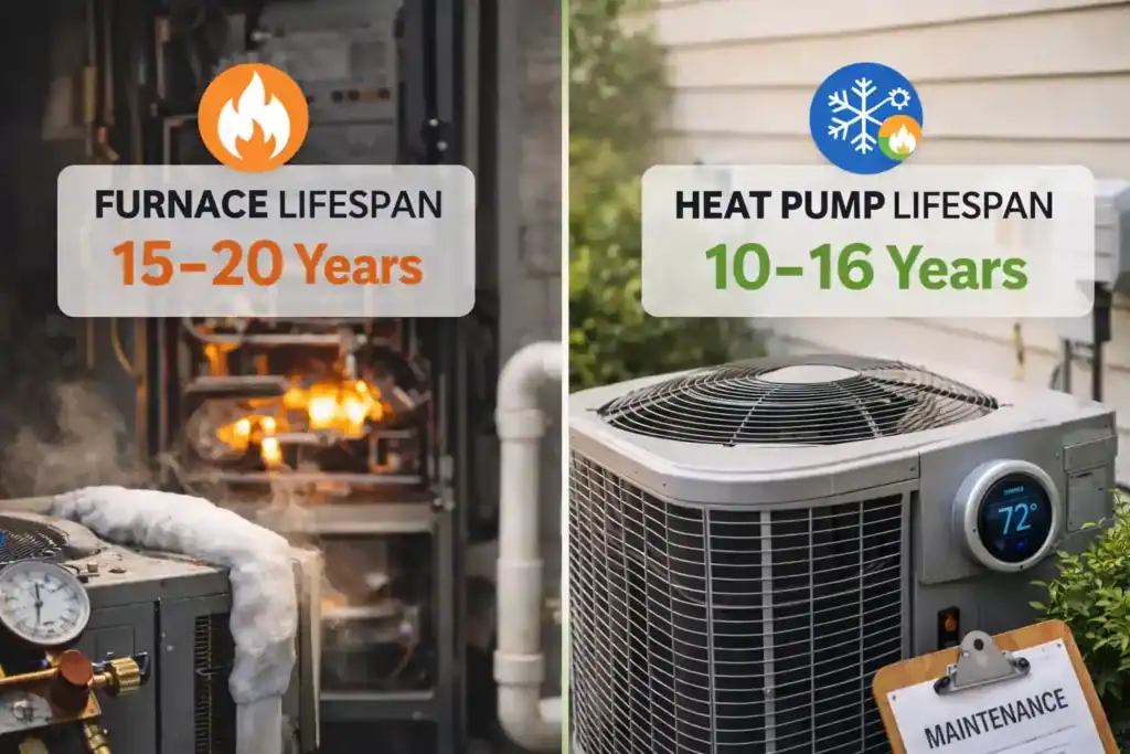 gas furnace and outdoor heat pump system showing typical heating system lifespan in Alexandria Virginia homes
