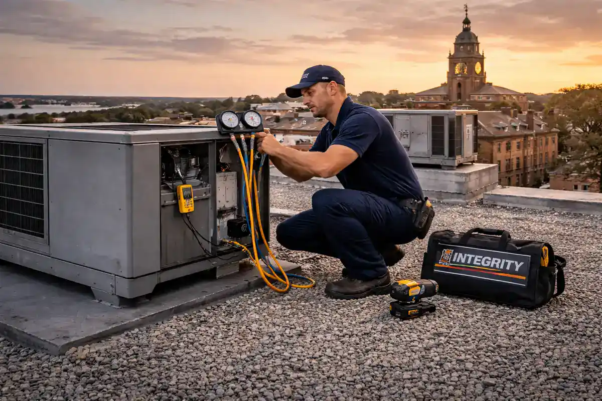 HVAC Old Town Alexandria VA technician working on commercial rooftop HVAC unit