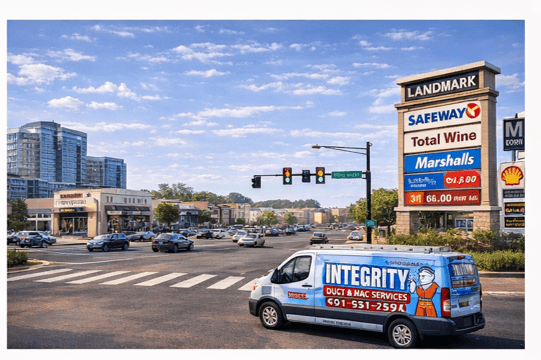 HVAC Contractor Landmark Alexandria VA commercial area with Integrity HVAC van near Safeway plaza