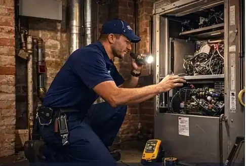 HVAC Old Town Alexandria VA technician repairing furnace in basement of historic home