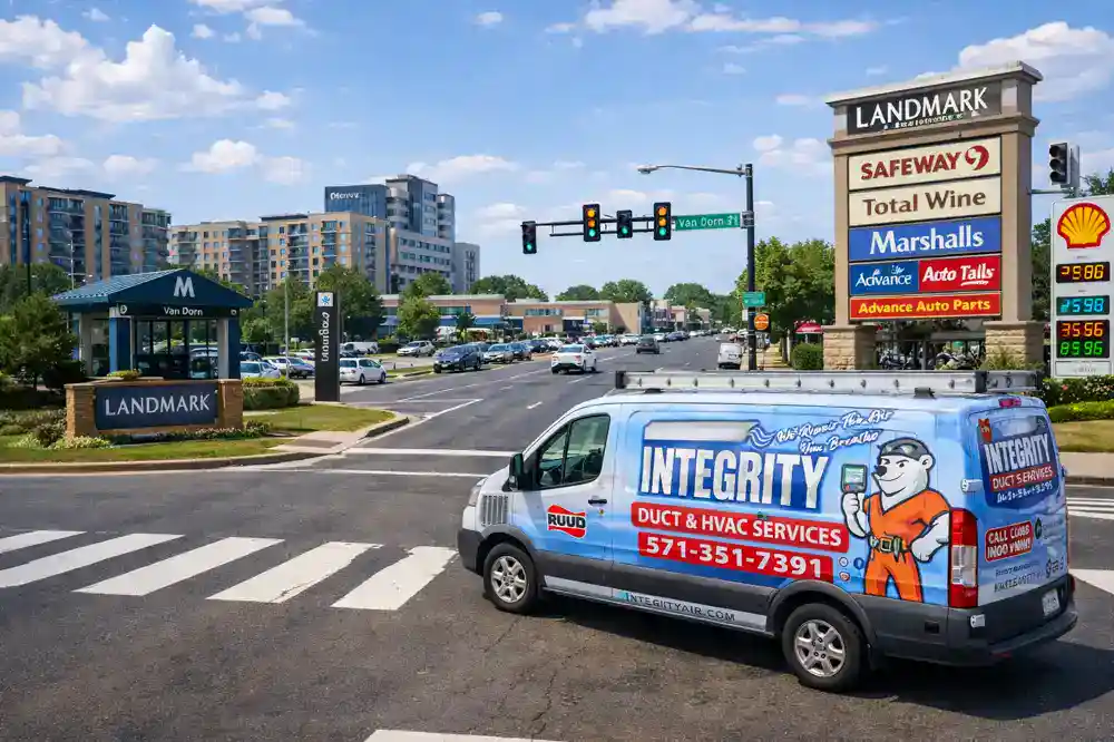 HVAC Contractor Landmark Van Dorn Alexandria VA with Integrity HVAC service van at Landmark shopping center intersection