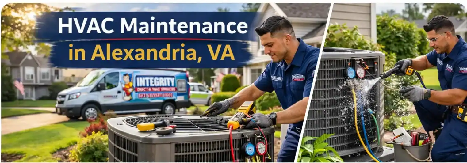 HVAC Service Plans in Alexandria | HVAC maintenance technicians servicing air conditioning systems in Alexandria VA with Integrity Duct & HVAC Services van